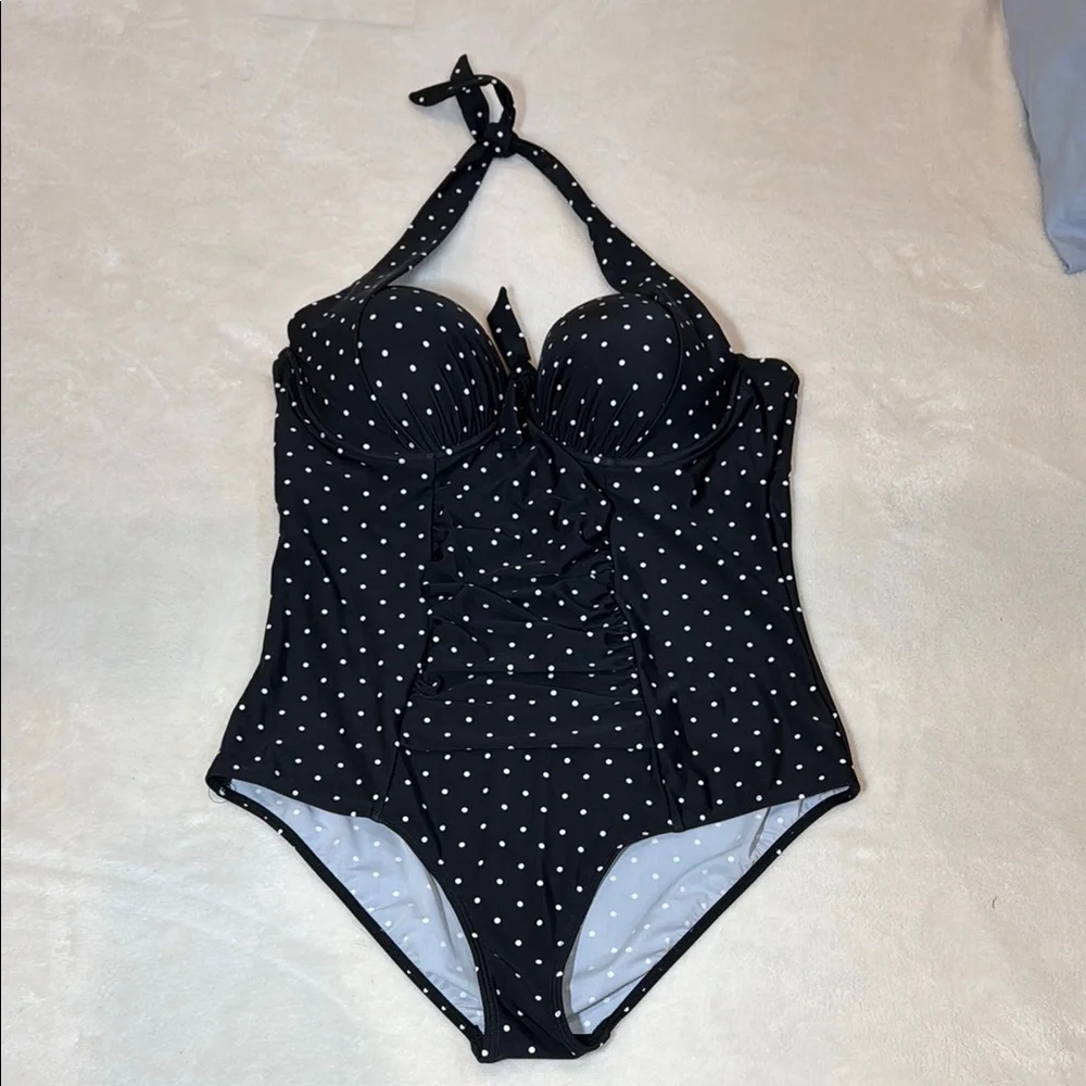 Love My Curves polkadot halter one piece swimsuit in black and white. Size 20.